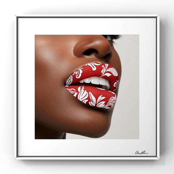 Afrocentric Lips Digital Collage Art Print –Red and White Floral Lip Melanin Beauty – Black Woman Editorial Wall Art – 8x8 Luxe Portrait