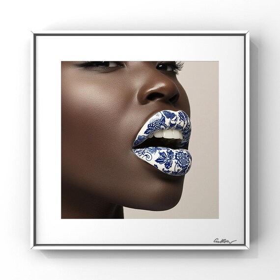 Afrocentric Digital Collage Art Print – Blue and White Toile Melanin Beauty – Black Woman Editorial Wall Art – 8x8 Luxe Portrait