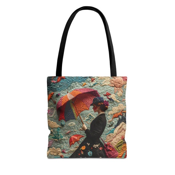 Mary Poppins Tote Bag - Vintage Inspired Faux Embroidered Handbag, Movie Lover Gift, Unique Book Club Carryall, Retro Chic Market Tote,