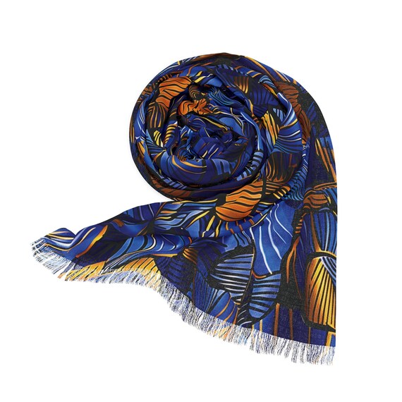 Blue Orange Hawaiian African Inspired Artisan Menagerie Light Scarf: Castaways