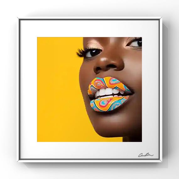 Afrocentric Lips Digital Collage Art Print –Trippy Lip Paisley Melanin Beauty – Black Woman Editorial Wall Art – 8x8 Luxe Portrait