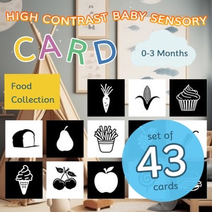 Baby Sensory Card,  Black and White  High Contrast Cards, Pack of 43, Food Collection, 0+ Month