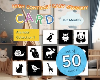 Baby Sensory Card,  Black and White  High Contrast Cards, Pack of 50, Animal collection, 0+ Month