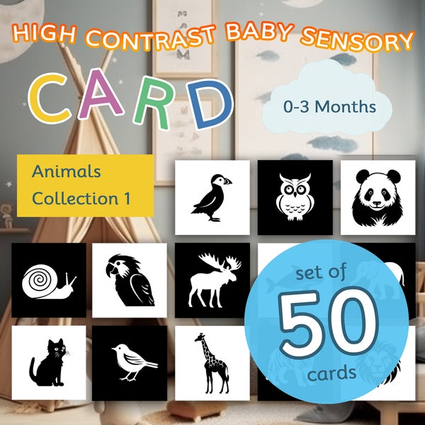 Baby Sensory Card,  Black and White  High Contrast Cards, Pack of 50, Animal collection, 0+ Month