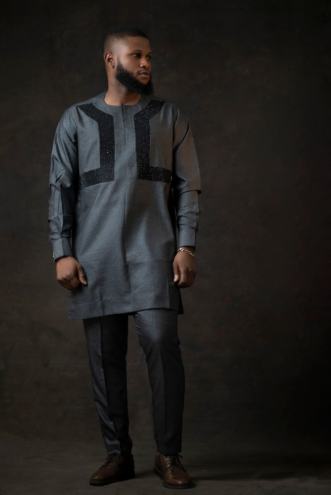 Grey Kaftan with Silver Embellished Motif main image 1