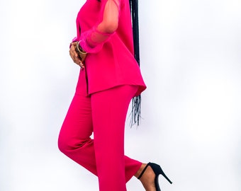 Hot Pink Two-Piece with Mesh Sleeves - Pink Women Wear. Confidence Booster. Resilient Style. Vibrant Fashion. Statement Piece