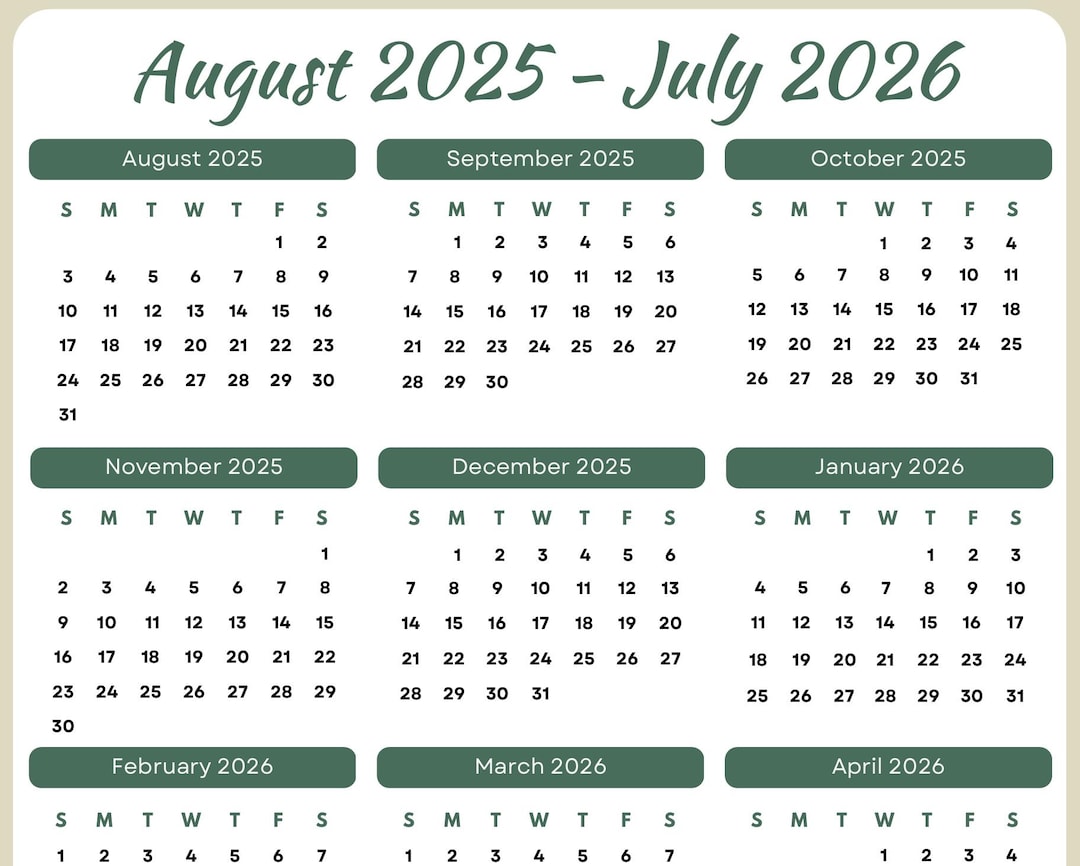 2025年8月～2026年7月までの印刷可能なカレンダー（ダウンロード可能