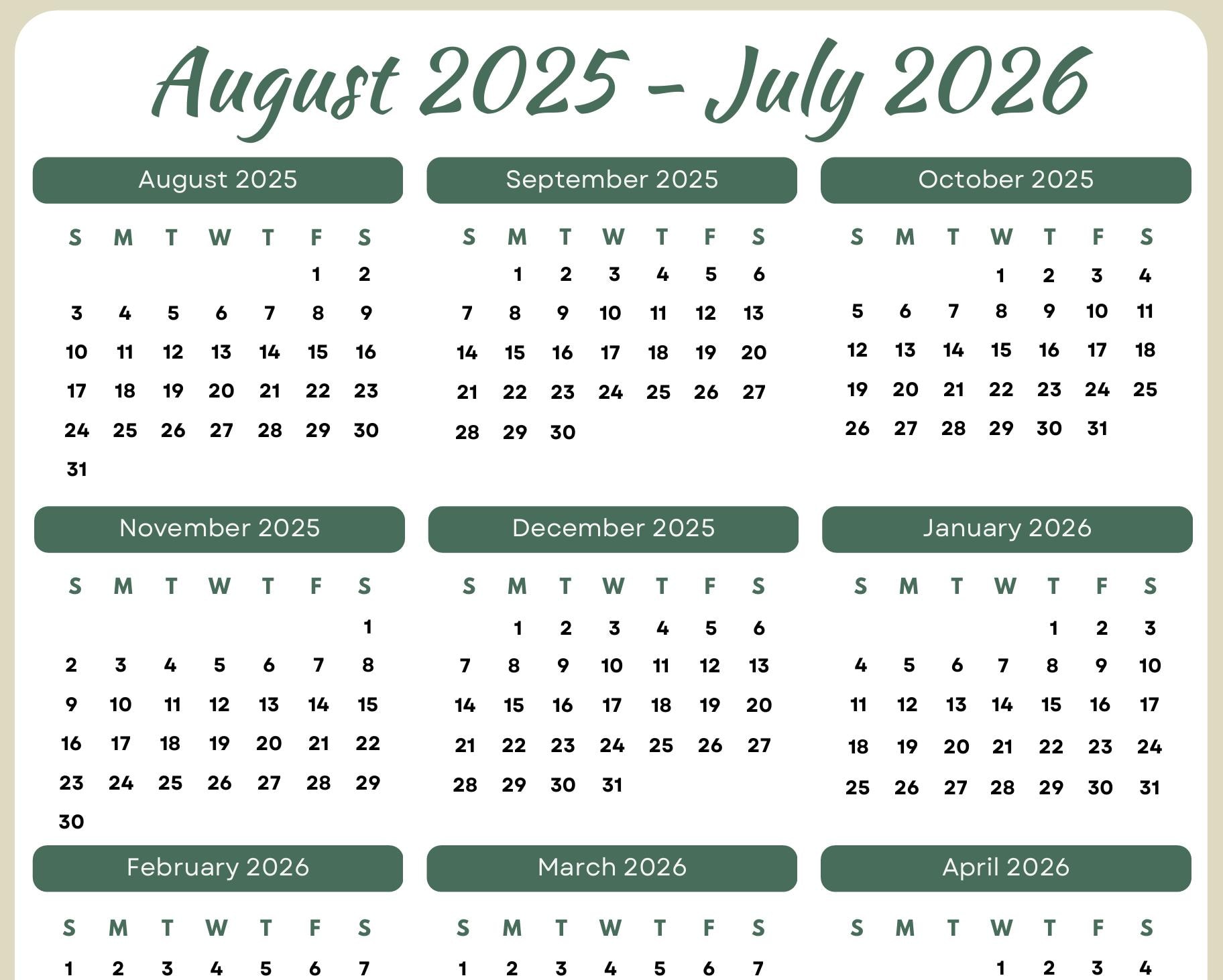 Printable August 2025-July 2026 Calendar with Instant Download