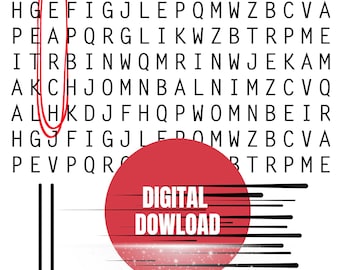 Può includere: Un cerchio rosso con il testo "DIGITAL DOWNLOAD" in lettere bianche. Il cerchio è sovrapposto a un cruciverba di ricerca di parole in bianco e nero con le parole "Custom Word Search" in alto.
