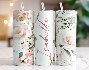 Personalized Skinny Tumbler, Flower Water Bottle With Lid&Straw, Bridesmaid Proposal Gift, 20oz Tumbler
