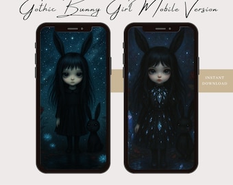 May include: Two iPhone screens showcasing a Gothic Bunny Girl wallpaper. The image depicts a dark-haired girl with bunny ears, wearing black, set against a starry night. Text includes "Gothic Bunny Girl Mobile Version" and "Instant Download".