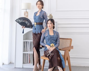 Kebaya dress for wedding or formal event | Full set | Kebaya Indonesia | Special Denim Blue Glossy