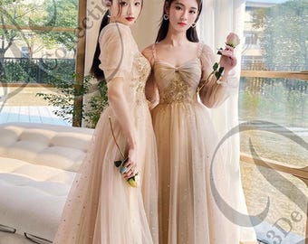 Summer Long Sleeve Bridesmaid Dress – Elegant A-Line Wedding Party Gown with Lace Detail