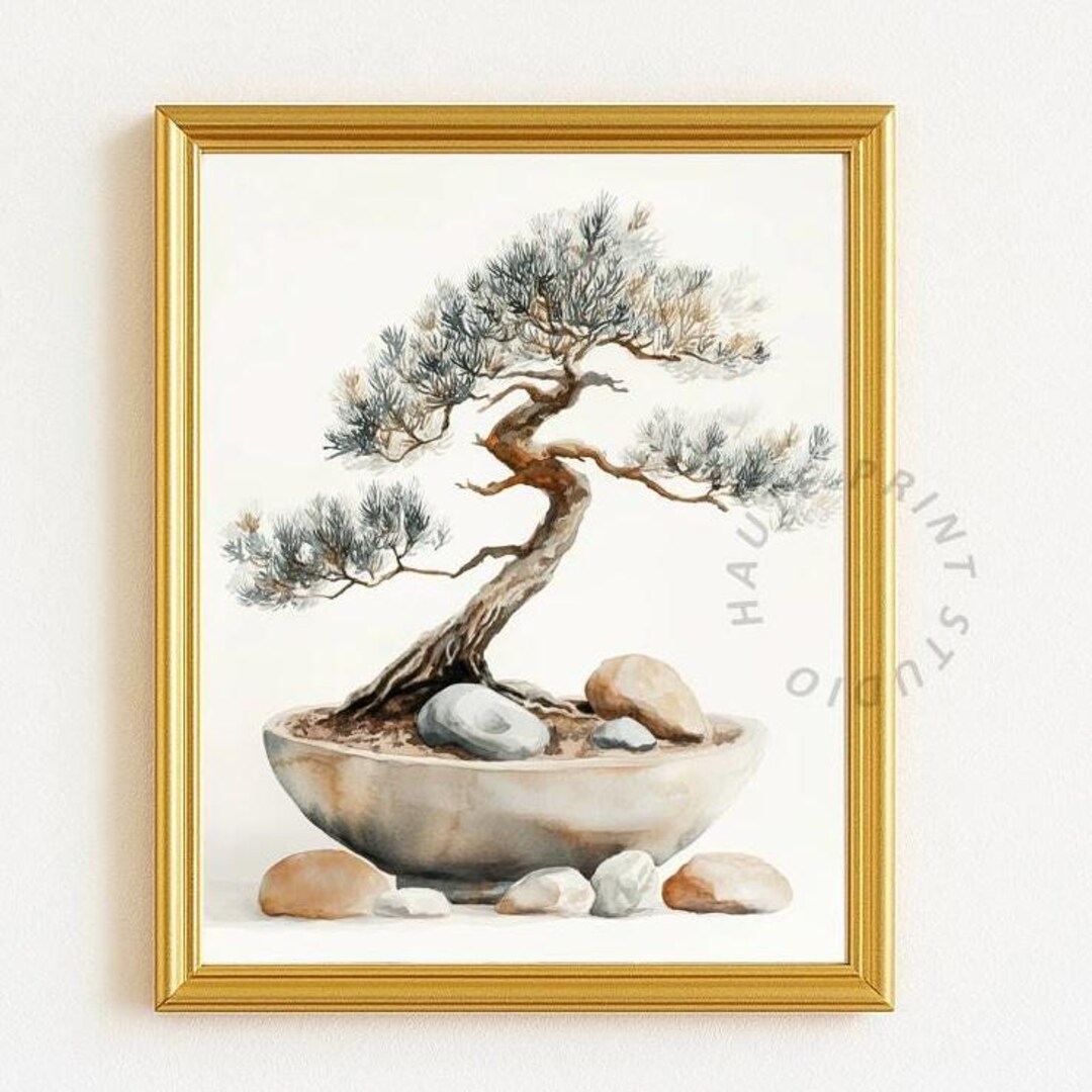 Japandi 盆栽水彩画、ミニマリスト禅ツリー（デジタルダウンロード
