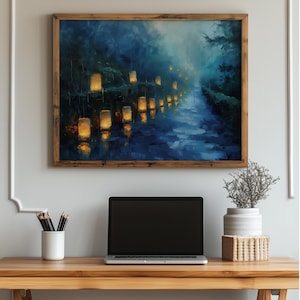 Wet Lantern Procession Oil Painting - Moody Village Nightscape, Printable Wall Art, Rustic Landscape Decor, Lanterns by Road Scene 170