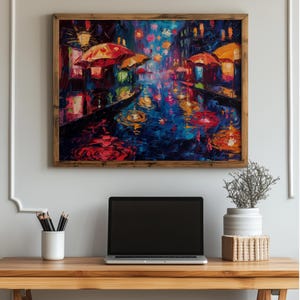 Summer Night Festival Lights - Printable Wall Art, Shimmering Evening Scene, Colorful Rainy Streets, Urban Nighttime Decor 162