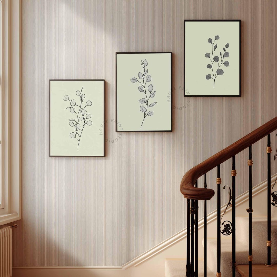 Botanical Line Art Print Set of 3- Minimal Eucalyptus Wall Decor Bundle ...
