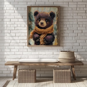 Rustic Baby Bear in Scarf Oil Painting - Printable Nursery Wall Art, Cozy Cottagecore Decor, Cute Animal Print for Kids Room, Digital 515