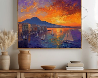 Zonsondergang Napels - afdrukbare muurkunst in Van Gogh-stijl, impressionistisch zeegezicht, rustiek nautisch decor, aardse oceaanscène, digitaal schilderen 607