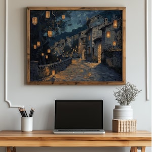 Printable Night Lantern Procession - Rustic Village Scene, Traditional Lanterns, Moody Sky, Vintage Wall Art, Digital Decor Print 166