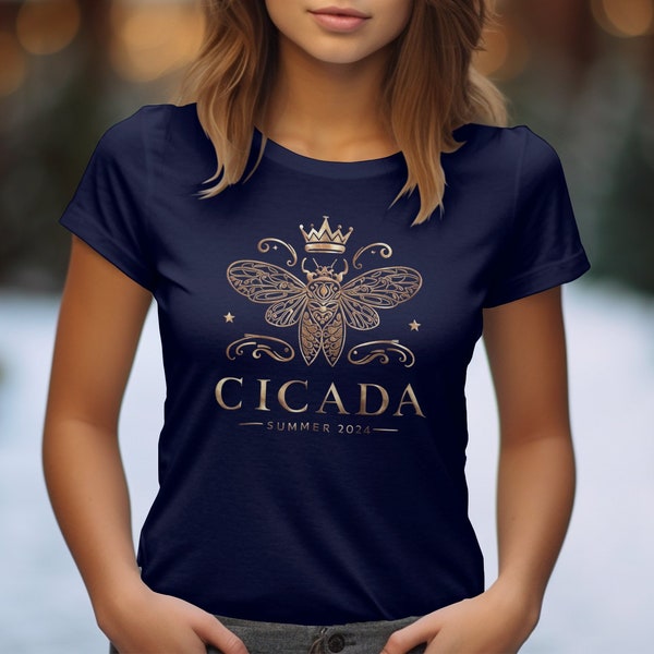 Elegant Cicada Summer 2024 Graphic Tee, Vintage Crown Insect Design, Stylish Gold T-Shirt