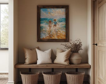 May include: A framed painting depicts two figures in the ocean, with blue and white waves and a yellow sky. Below the painting is a wooden bench with three beige pillows, three woven baskets, and a decorative vase with dried plants.