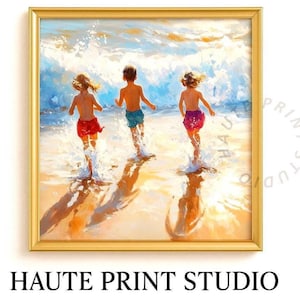 Beach Day with Children Running - Realistic Summer Oil Painting, Printable Coastal Art, Kids at Shore, Vibrant Ocean Wall Decor 693