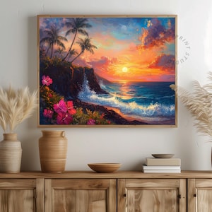 Tropical Sunset Printable Wall Art - Vibrant Hawaiian Coastline, Van Gogh Inspired Seascape, Colorful Beach Decor, Ocean View Painting 618