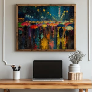 Vibrant Night Market Scene Painting, Colorful Umbrellas in Rain, Moody Cityscape Wall Art, Urban Printable Decor, Oil Style Print 125