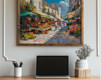 Mediterranean Market Wall Art - Vibrant Town Square Scene, Rustic Summer Print, Charming Vintage Decor, Printable Cityscape Painting 95