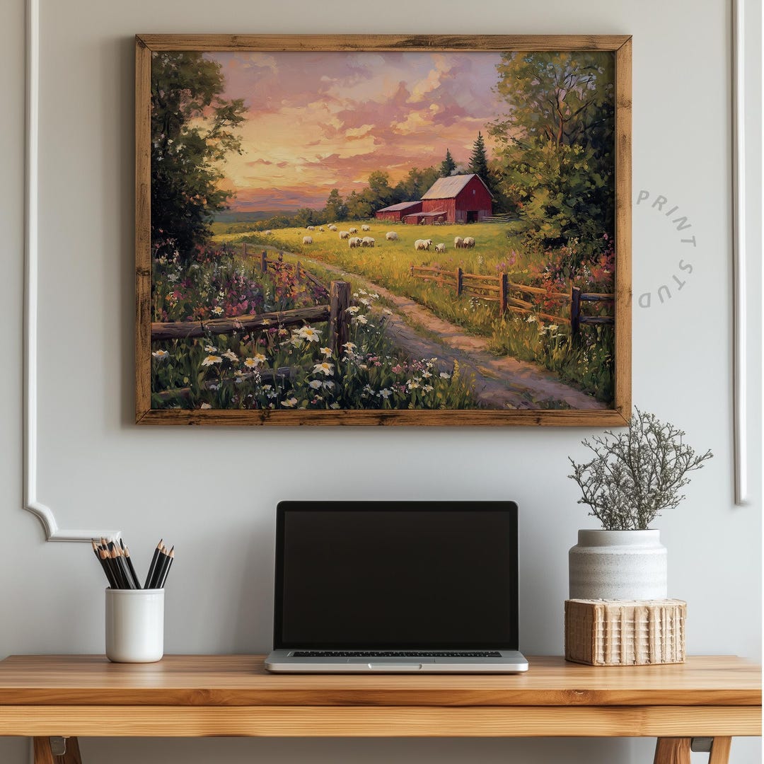 Rustic Summer Farm Scene - Printable Farmhouse Landscape Art With ...