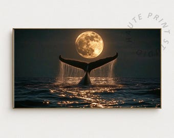 Majestic Whale Tail Under Golden Moon TV Frame Art Ocean Scene 1494
