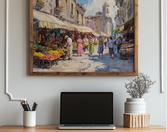 Colorful Mediterranean Market Scene - Charming Town Square Wall Art, Rustic Summer Decor, Vibrant Street Life Painting, Printable Art 94
