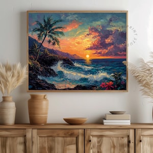 Tropical Sunset Oil Painting Print – Vibrant Coastal Seascape Wall Art, Ocean Waves, Palm Trees, Beach Art, Hawaiian Decor 620