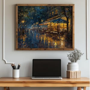 Regnig kväll på sommarcafé - Utskrivbar festivalnattscen, reflektion av våta bord, rustik urban konst, väggdekoration i Cottagecore 152