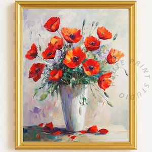 Vibrant Red Poppies Bouquet in Vase - Printable Floral Wall Art, Rustic Cottagecore Decor, Vintage Botanical Painting, Art Print 742