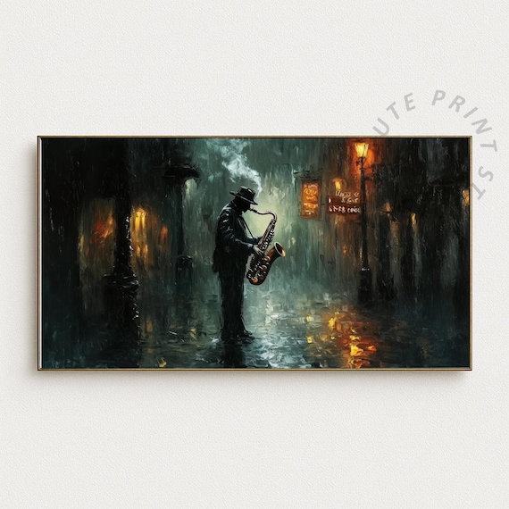 Moody Jazz Musician Frame TV Art, Neon Saxophone Painting TV Art