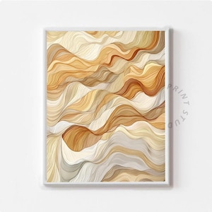 May include: Abstract art print featuring a flowing, wave-like design in shades of beige, tan, and brown. The artwork has a textured appearance, with the lines creating a sense of movement and depth. The print is framed in a white border.