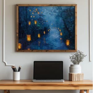 Lantern Procession in Rainy Village - Moody Night Landscape Art, Rustic Autumn Evening Scene, Printable Wall Decor, Digital Art Download 171
