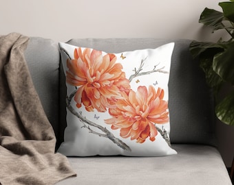 Floral Watercolor Pillow Cover, Botanical Home Decor, Orange Blossom Throw Pillow, Artistic Living Room Accessory
