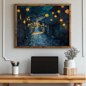 Lantern-Winding Path at Night - Moody Traditional Lantern Procession, Rustic Village Scene, Printable Wall Art, Vintage Night Decor 164