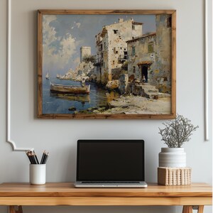 Seaside Village Wall Art - Rustic Mediterranean Harbor Scene, Vintage Fisherman Painting, Charming Coastal Decor, Printable Art 107