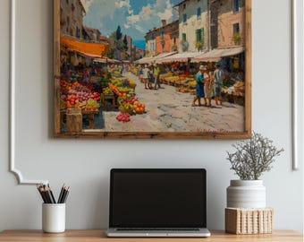 Mediterranean Market Scene - Printable Vibrant Town Square Wall Art, Colorful Market Stalls, Rustic Summer Decor, Digital Painting 93