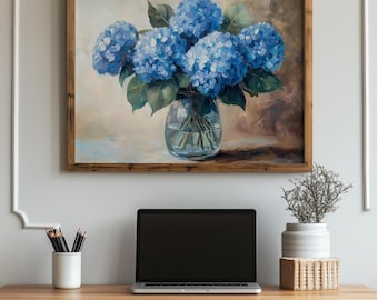 Blue Hydrangea in Glass Jar Still Life - Rustic Kitchen Wall Art, Cottagecore Floral Painting, Printable Digital Print Download 228