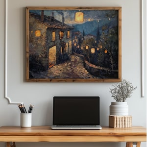 Vintage Lantern-Lit Village Night Scene - Rustic Nighttime Street, Cozy Winter Atmosphere, Printable Cottagecore Wall Art Decor 165