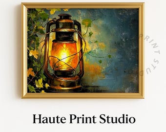 素朴なヴィンテージオイルランタン絵画 - 光るランタンの壁アート