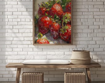 Rustic Strawberry Oil Painting - Cottagecore Summer Wall Art, Vintage Kitchen Decor, Printable Farmhouse Fruit Art, Country Home Decor 2