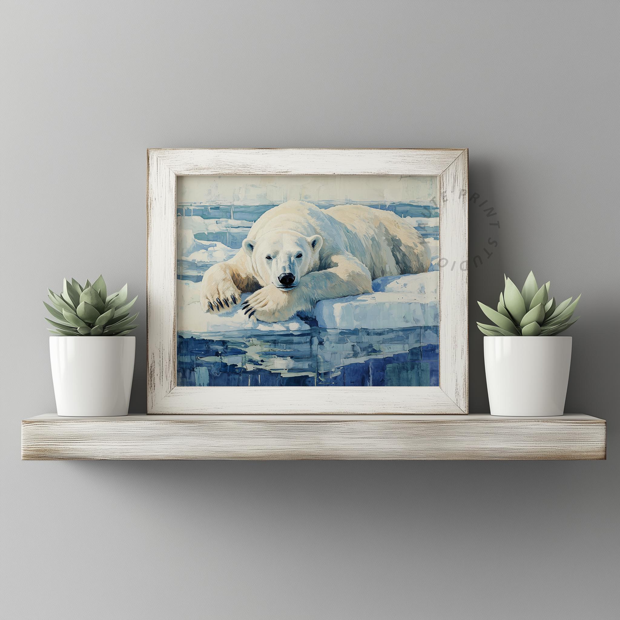 Polar Bear Gouache Painting Art - Printable Winter Wall Art, Resting ...