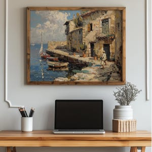 Coastal Mediterranean Scene - Old Fisherman by Sea, Rustic Harbor Wall Art, Vintage Coastal Print, Printable Nautical Decor, Seaside 108