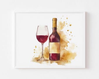 Botella y copa de vino rústicas - Arte de acuarela burdeos, decoración de pared imprimible, pintura de cocina estilo cottagecore, diseño de espacio negativo 1051